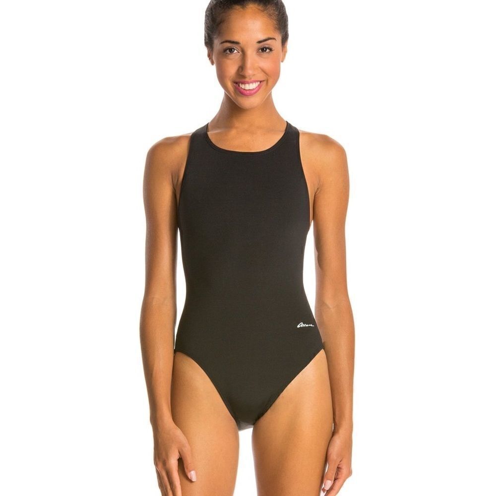 “Dolphin Ocean” Racing Solid Performance Back One Piece Swimsuit • Blk• 26 • NWT